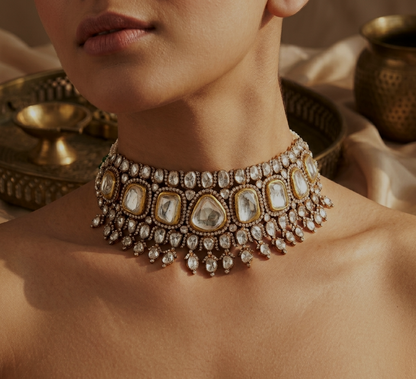 Vilayati Polki Choker – 14K Gold Jaipur Polki Diamond Jewellery | Rajasthan Royal Bridal Statement Necklace