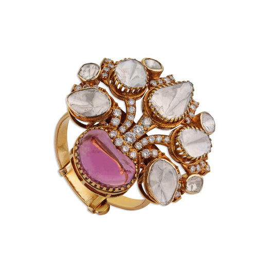 Noor Pink Tourmaline Polki Ring | Natural Polki & Diamond Ring | Kala Johare