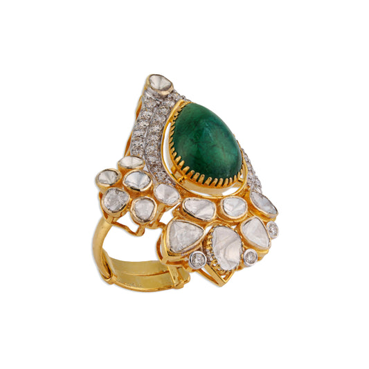 Zahra Emerald Polki Ring | Natural Emerald & Polki Diamond Ring | Kala Johare
