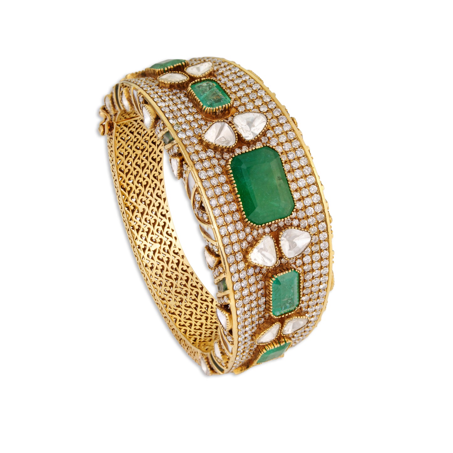 Saanjh Polki Kada – 14K Gold Emerald Polki Diamond Kada for Wedding & Reception