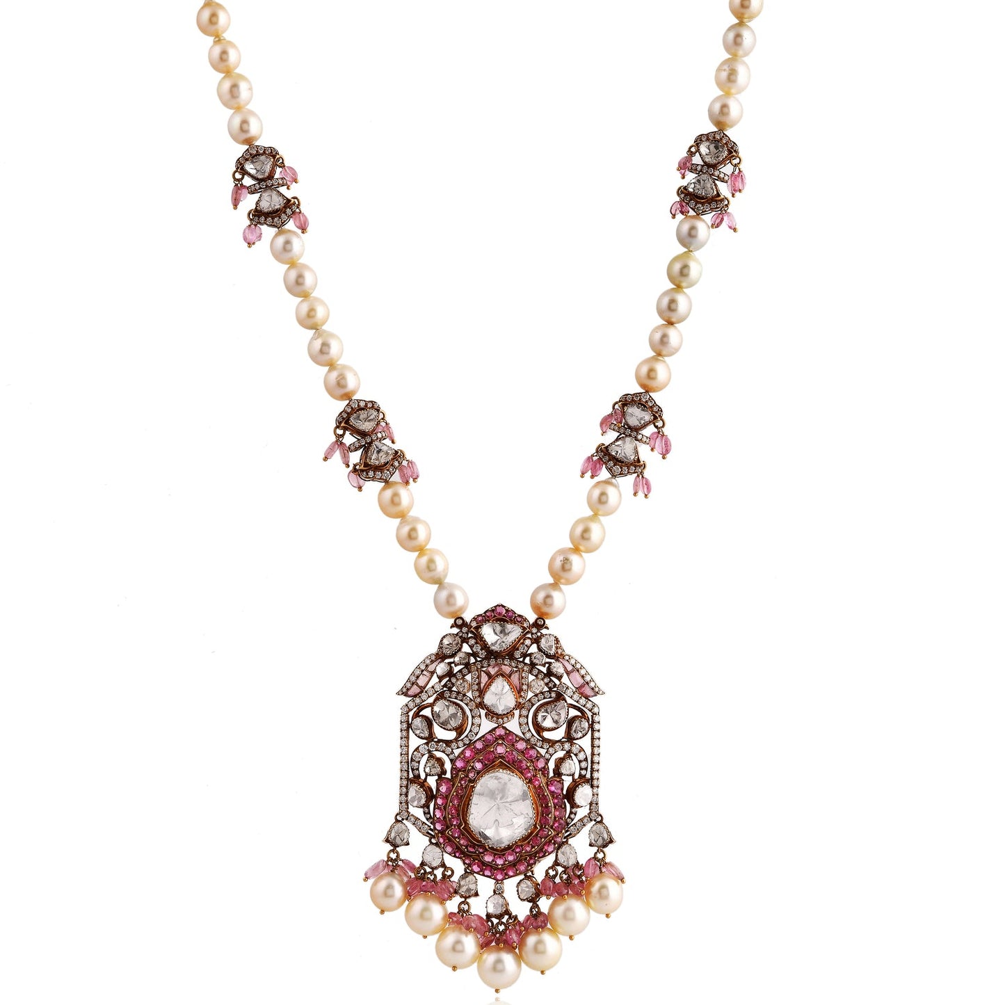 Elegant necklace with gemstones and pearls on a white background