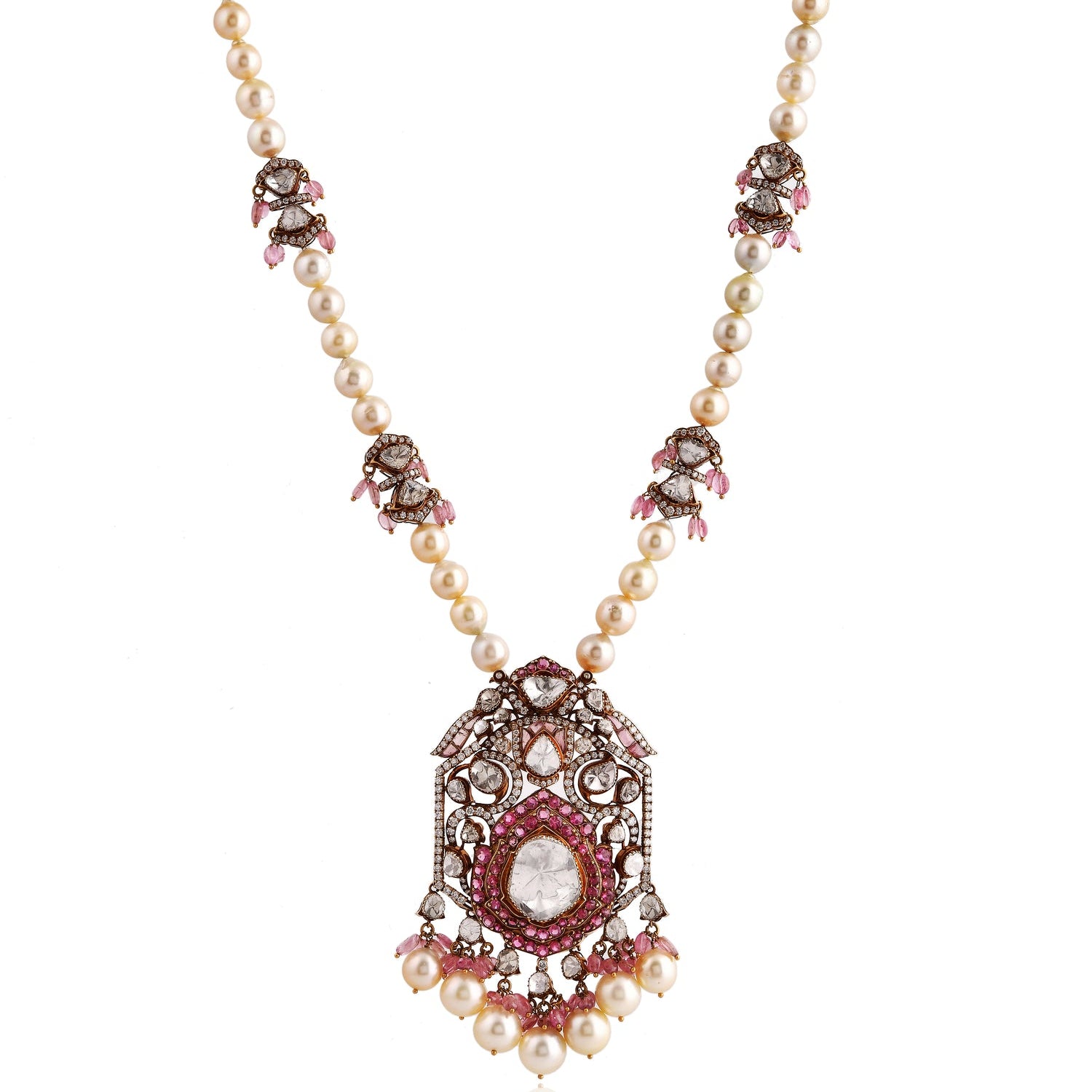 Elegant necklace with gemstones and pearls on a white background