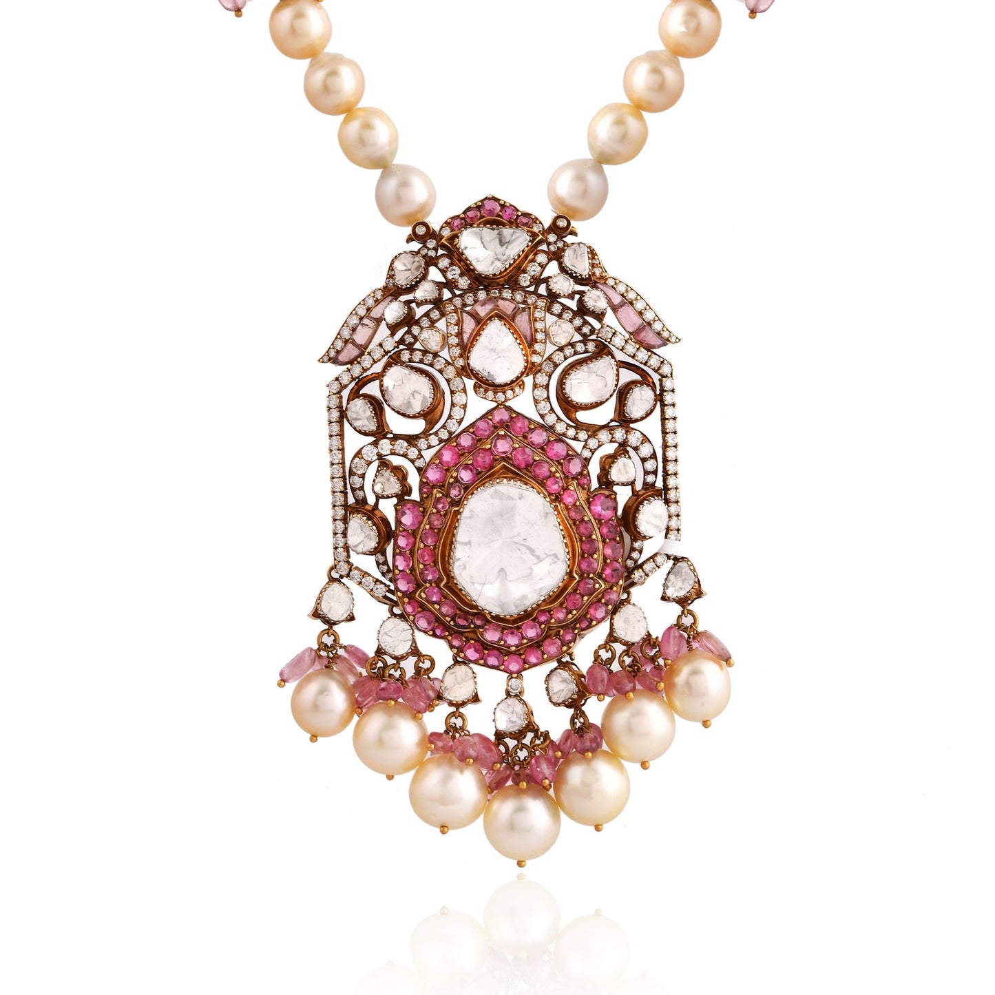 Gulabo Grand Polki Ruby Pearl Long Pendant Necklace | Natural Polki & Ruby Diamond Pearl Necklace in Rose Gold | Kala Johare