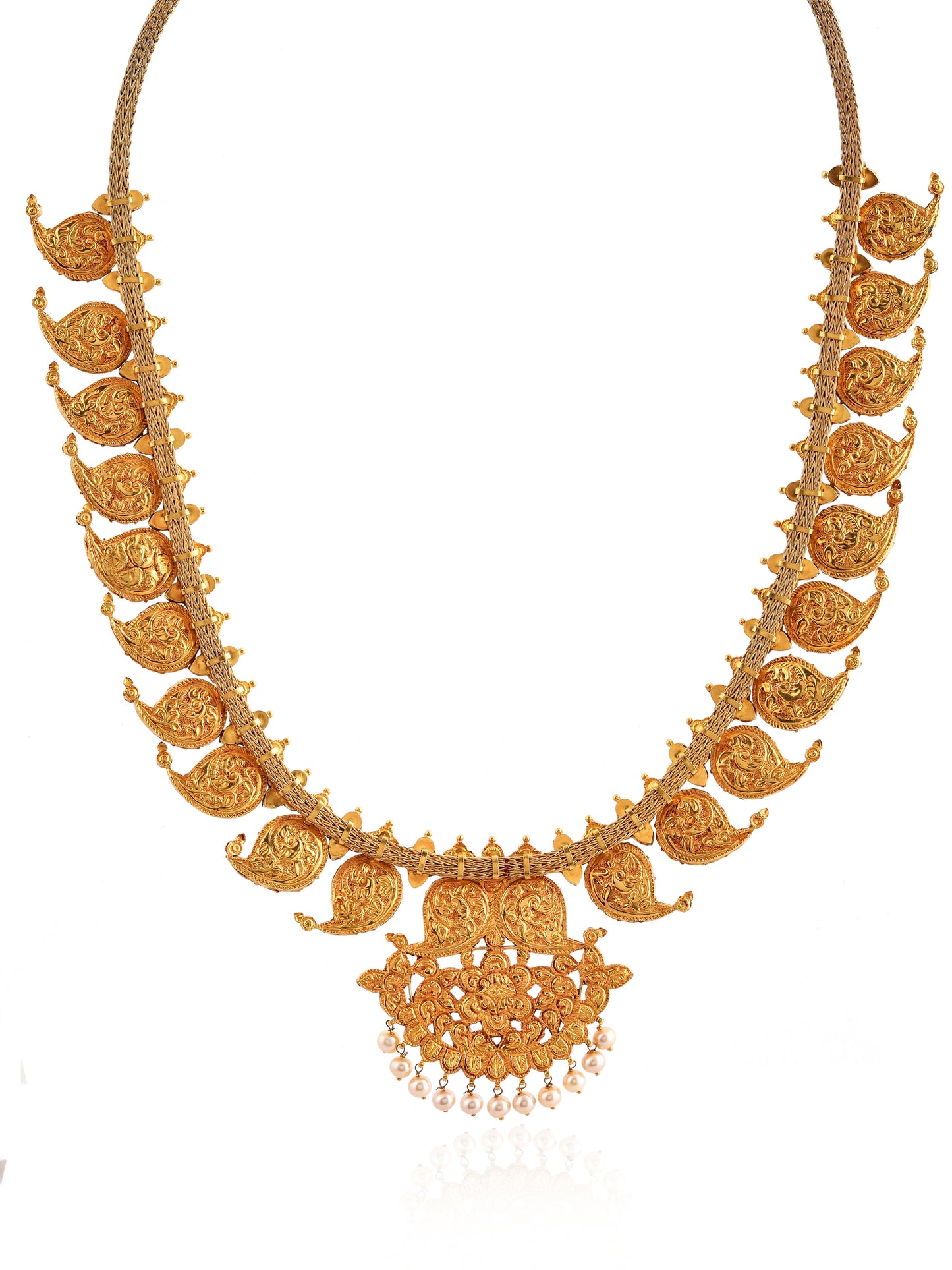 Gold necklace with intricate design on a white background
