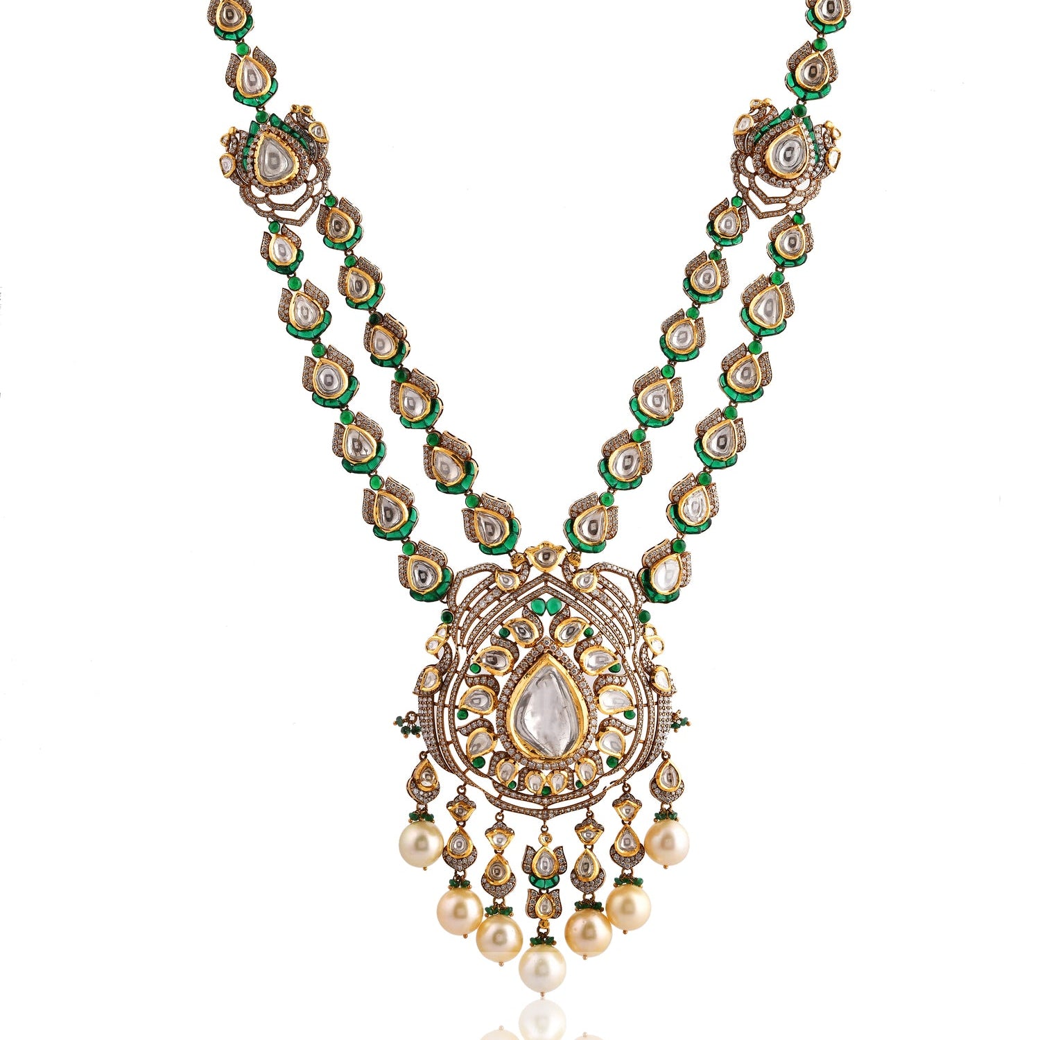 Ornate necklace with green and gold elements on a white background