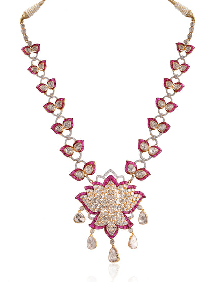 Ornate necklace with pink and white gemstones on a white background