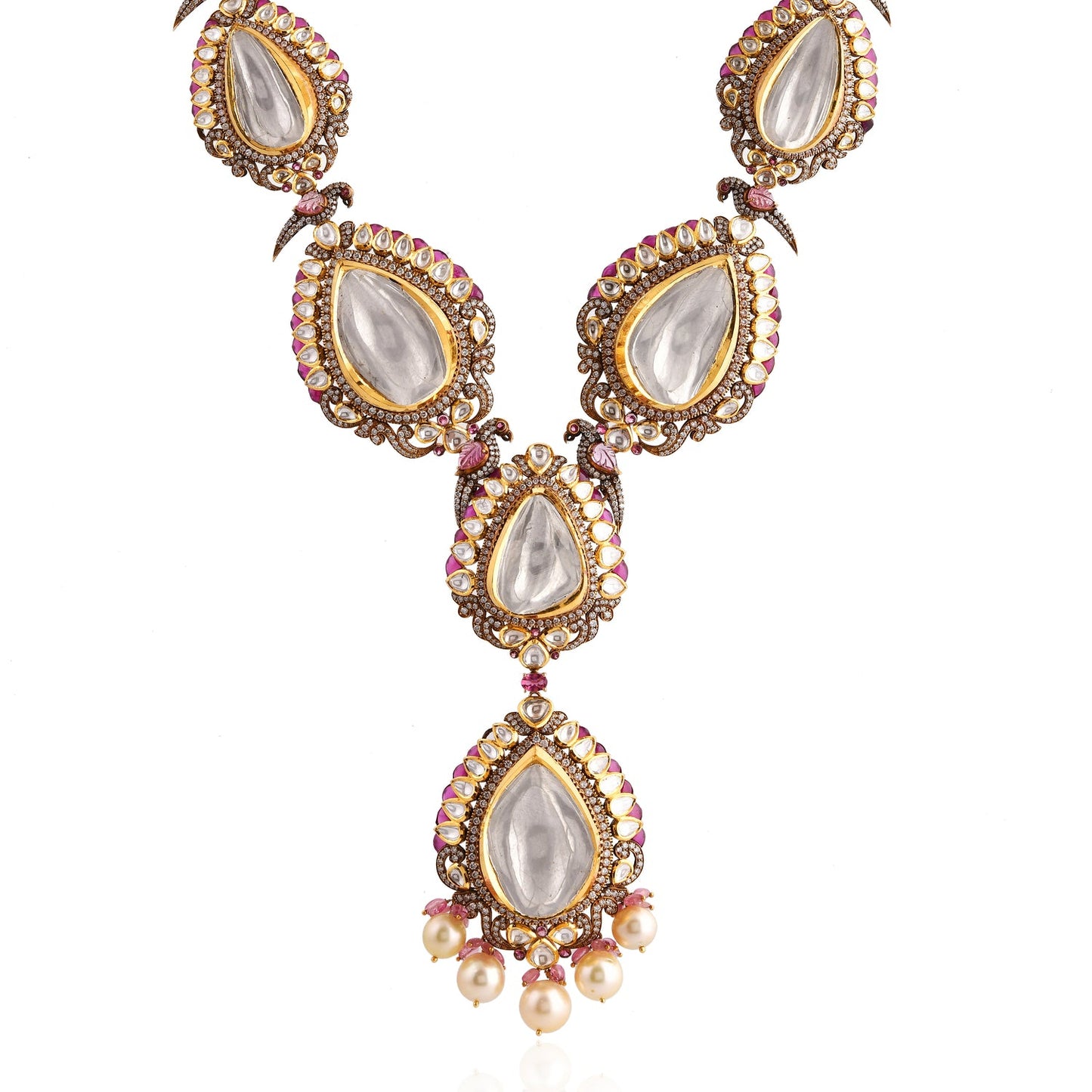 Ornate necklace with teardrop-shaped pendants on a white background