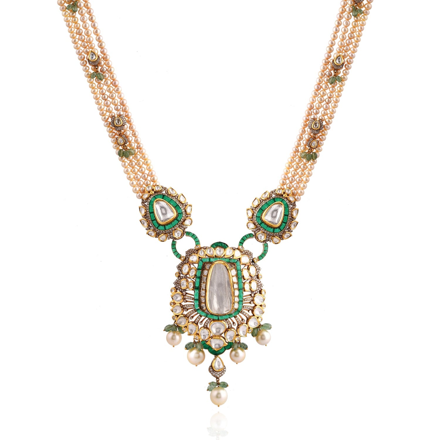 Decorative necklace with green and gold elements on a white background