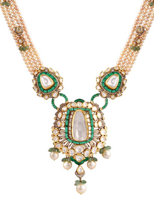 Chandni Grand Polki Moonstone Emerald Multi-Strand Seed Pearl Necklace | Natural Polki & Emerald Bridal Necklace in Yellow Gold | Kala Johare
