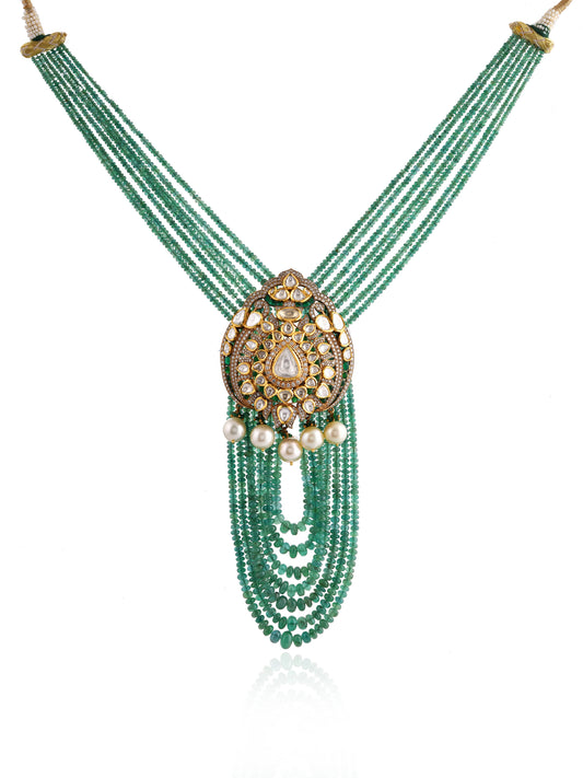 Satlada Grand Polki Diamond Oval Pendant Multi-Strand Emerald Bead Cascading Necklace | Natural Polki & Emerald Bridal Necklace in Yellow Gold | Kala Johare