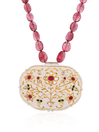 Baghicha Grand White Jade Polki Ruby Emerald Floral Pendant Necklace | Natural Polki & Pink Tourmaline Bead Necklace in Yellow Gold | Kala Johare