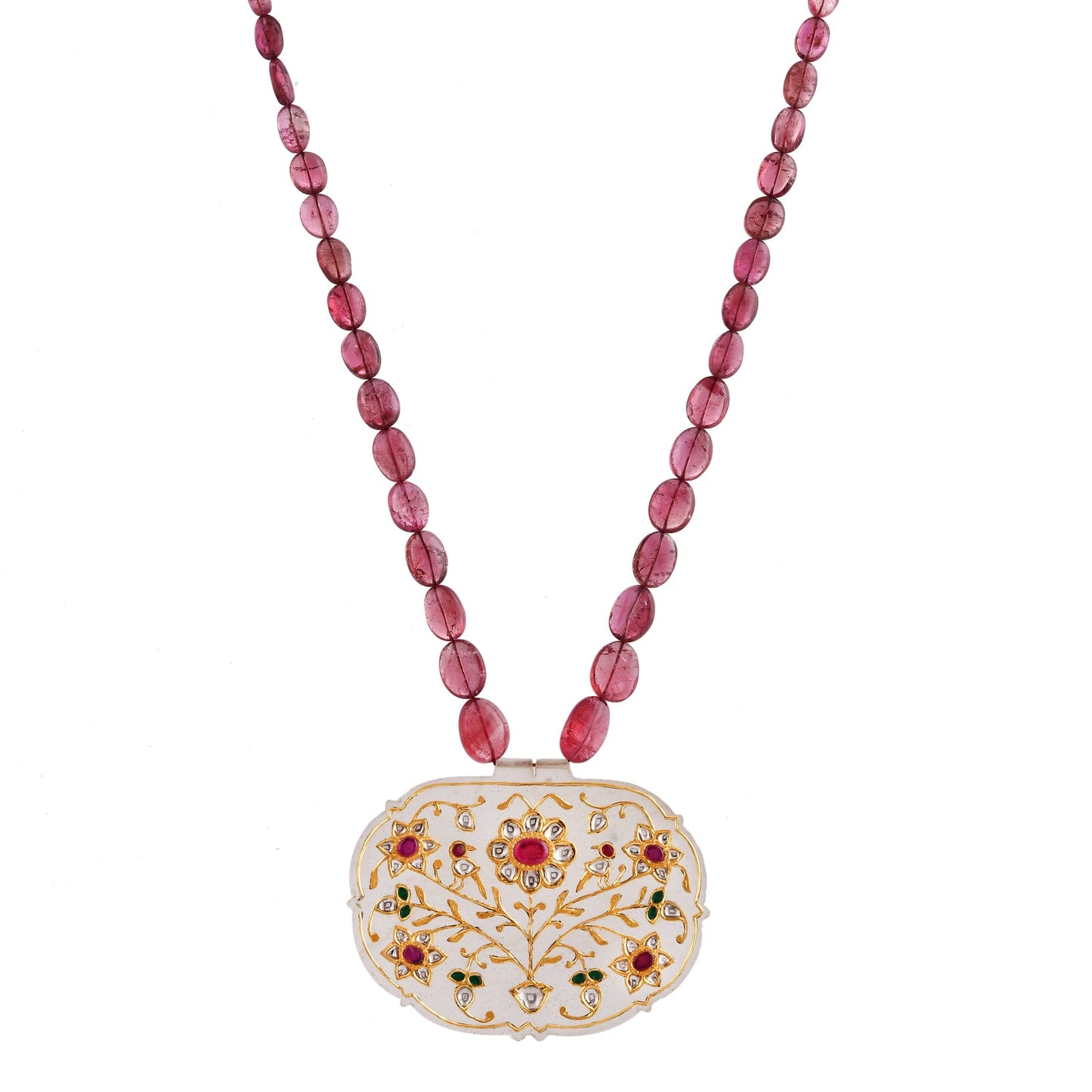 Necklace with pink beads and an ornate pendant on a white background