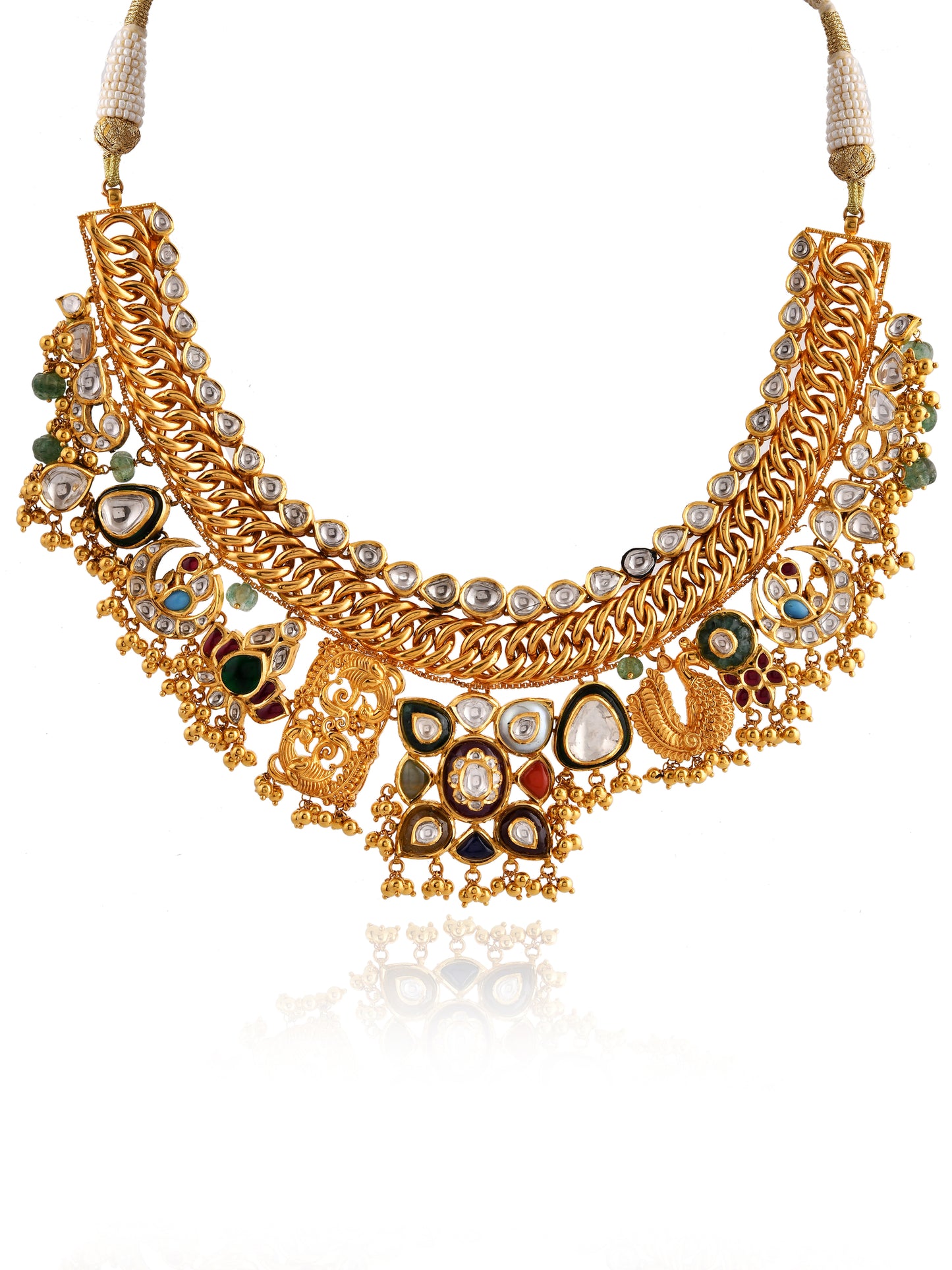 Navrang Grand Polki Navratna Curb Chain Necklace | Natural Polki & Multi-Gemstone Bridal Necklace in Yellow Gold | Kala Johare