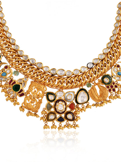 Navrang Grand Polki Navratna Curb Chain Necklace | Natural Polki & Multi-Gemstone Bridal Necklace in Yellow Gold | Kala Johare